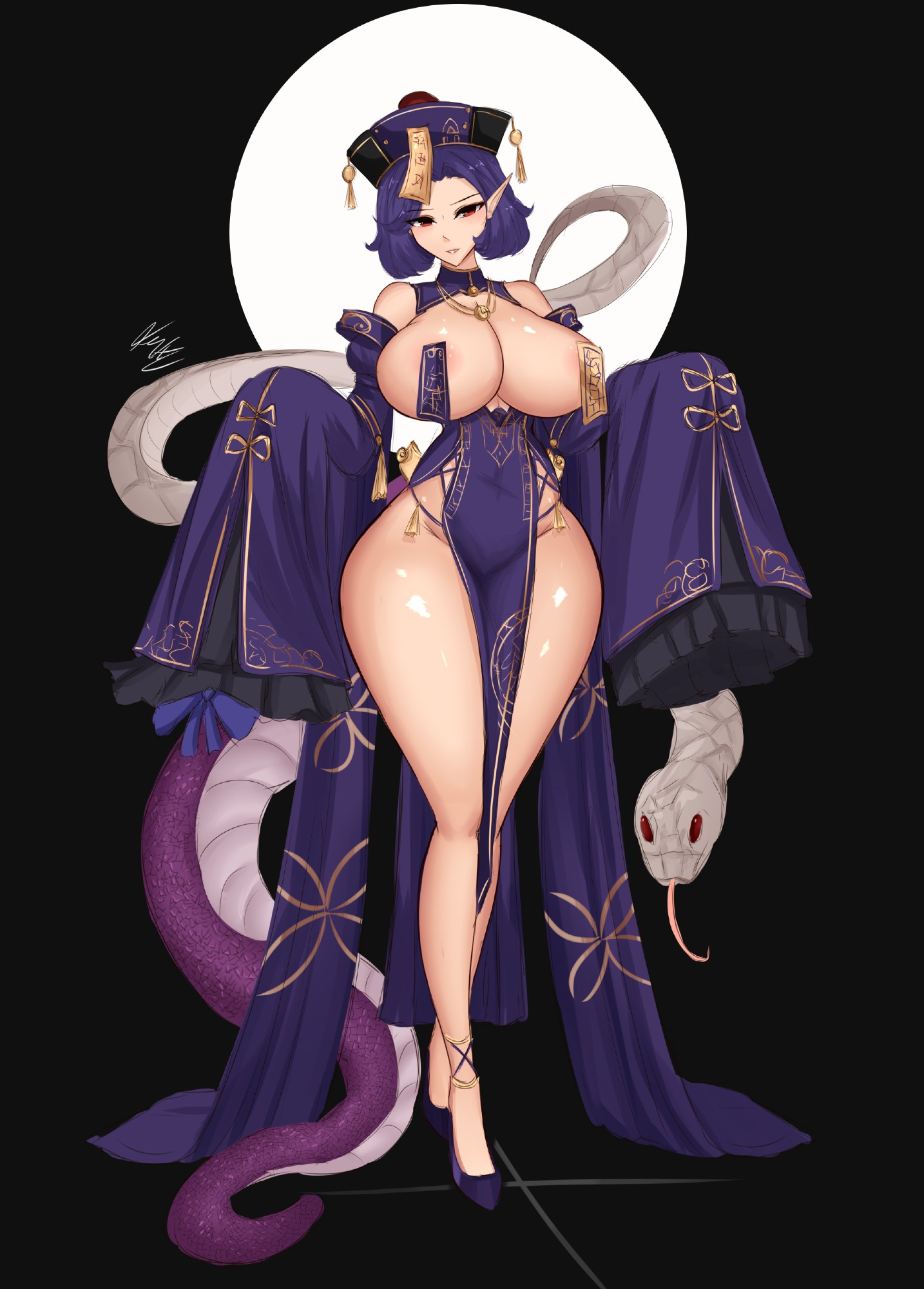 krass, original, highres, 1girl, areola slip, black background, breasts, cleavage, covered erect nipples, dress, full body, groin, hat, jiangshi, large breasts, looking at viewer, ofuda, open mouth, pointy ears, purple dress, purple hair, purple hat, purple shoes, red eyes, shoes, short hair, signature, simple background, smile, snake, snake tail, snake wrapped around body, solo, tail, wide hips