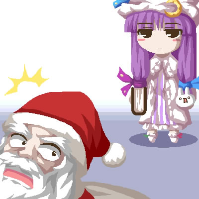 fukaiton, patchouli knowledge, santa claus, touhou, lowres, 1boy, 1girl, beard, chibi, christmas, facial hair, hat, santa costume, santa hat