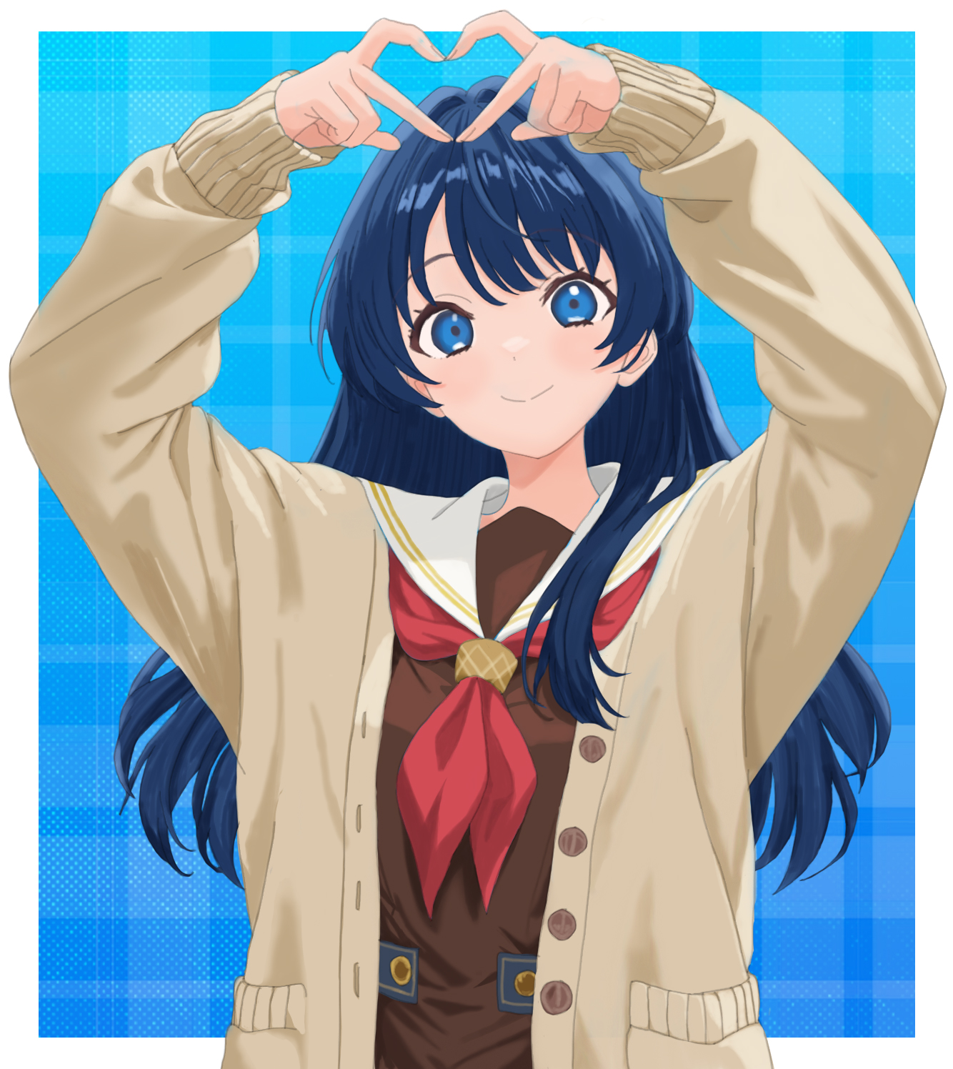 murano sayaka, link! like! love live!, love live!, commentary, highres, 1girl, arms up, blue background, blue eyes, blue hair, border, brown cardigan, brown dress, cardigan, closed mouth, dress, four-finger heart hands, hair intakes, half updo, hasu no sora school uniform, heart, heart hands, long hair, long sleeves, looking at viewer, mizu llsh, neckerchief, open cardigan, open clothes, outside border, plaid background, red neckerchief, sailor collar, sailor dress, school uniform, smile, solo, split mouth, upper body, virtual youtuber, white border, white sailor collar, winter uniform
