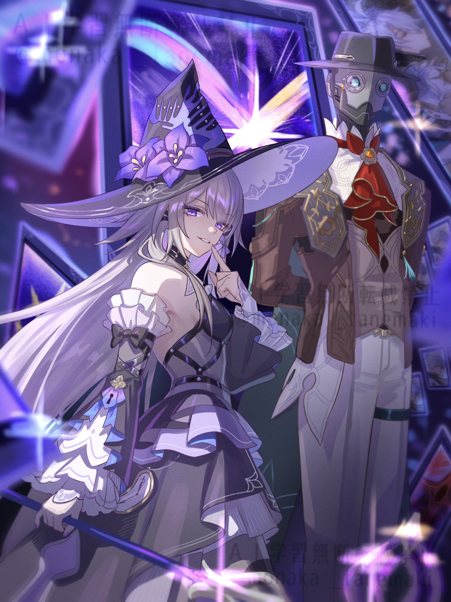 tanemaki monaka, herta (honkai: star rail), screwllum (honkai: star rail), the herta (honkai: star rail), honkai: star rail, honkai (series), highres, 1boy, 1girl, bare shoulders, black hat, breasts, brown jacket, detached sleeves, frilled sleeves, frills, grey hair, hand up, hat, holding, holding staff, jacket, looking at viewer, pants, robot, smirk, staff, standing, teeth, watermark, white pants, wide sleeves, witch, witch hat