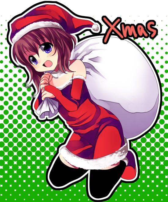 subaru (yachika), ushiromiya maria, umineko no naku koro ni, 00s, 1girl, christmas, dress, english text, female focus, purple eyes, santa costume, solo, strapless, strapless dress, thighhighs