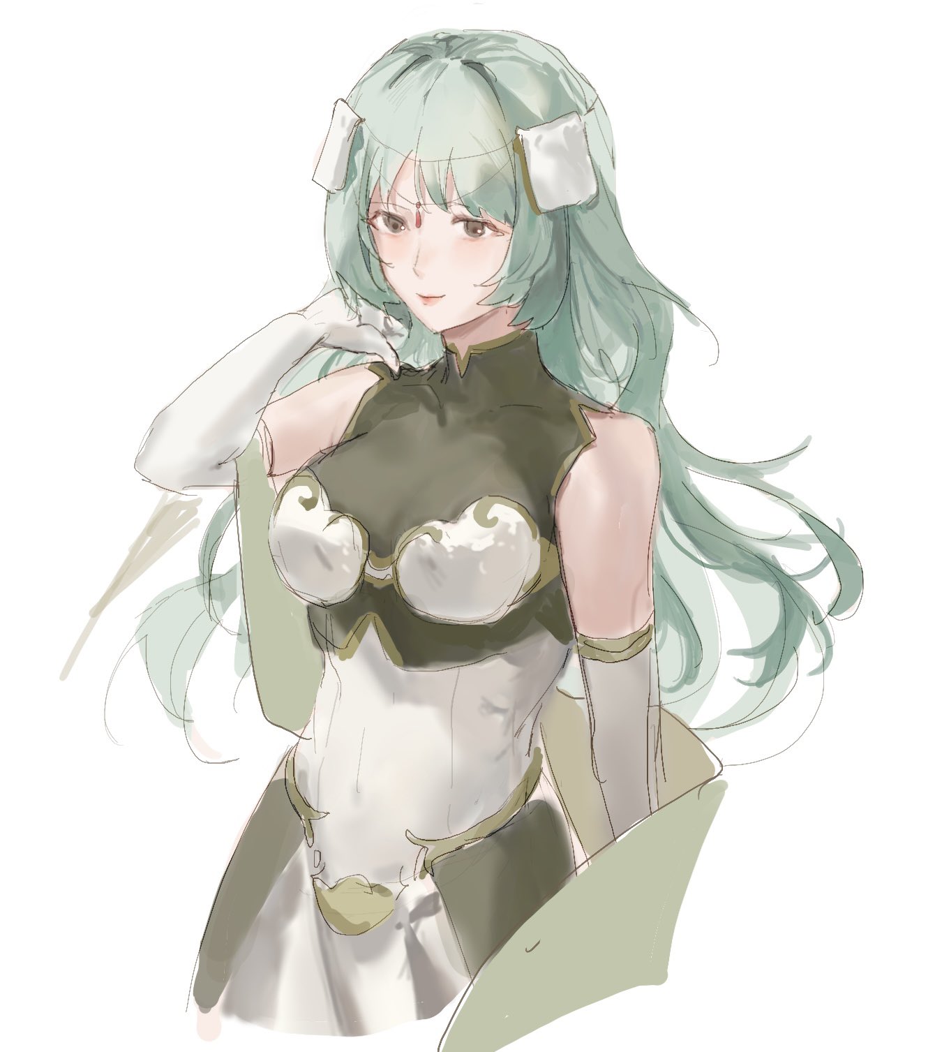 brinaa sama, tatiana (fire emblem), fire emblem, fire emblem echoes: shadows of valentia, nintendo, highres, 1girl, bare shoulders, blush, breasts, circlet, closed mouth, dress, elbow gloves, gloves, green eyes, green hair, hair ornament, large breasts, long hair, simple background, sleeveless, sleeveless dress, smile, solo, upper body, white background, white dress, white gloves