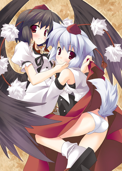 minase, minase (artist), inubashiri momiji, shameimaru aya, touhou, silver hair, 2girls, animal ears, ass, black hair, blush, clothes lift, female focus, grabbing another's chin, hand on another's face, hat, multiple girls, panties, red eyes, skirt, skirt lift, smile, tail, tokin hat, underwear, wings, wolf ears, yuri