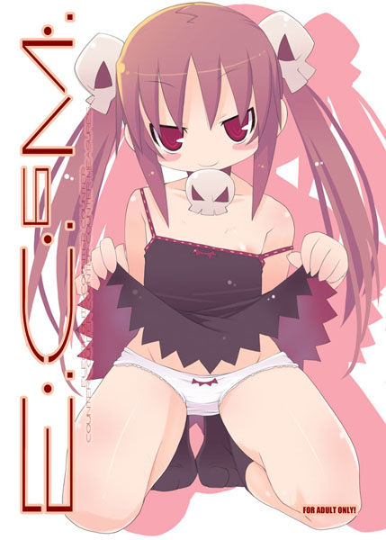 zankuro, henrietta (zankuro), e.c.m. 2, original, black legwear, bad link, 1girl, black dress, blush stickers, clothes lift, dress, drop shadow, female focus, flat chest, hair ornament, kneeling, loli, long hair, looking at viewer, no shoes, panties, red hair, skirt, skirt lift, skull choker, skull hair ornament, smile, solo, strap slip, twintails, underwear, upskirt, white panties