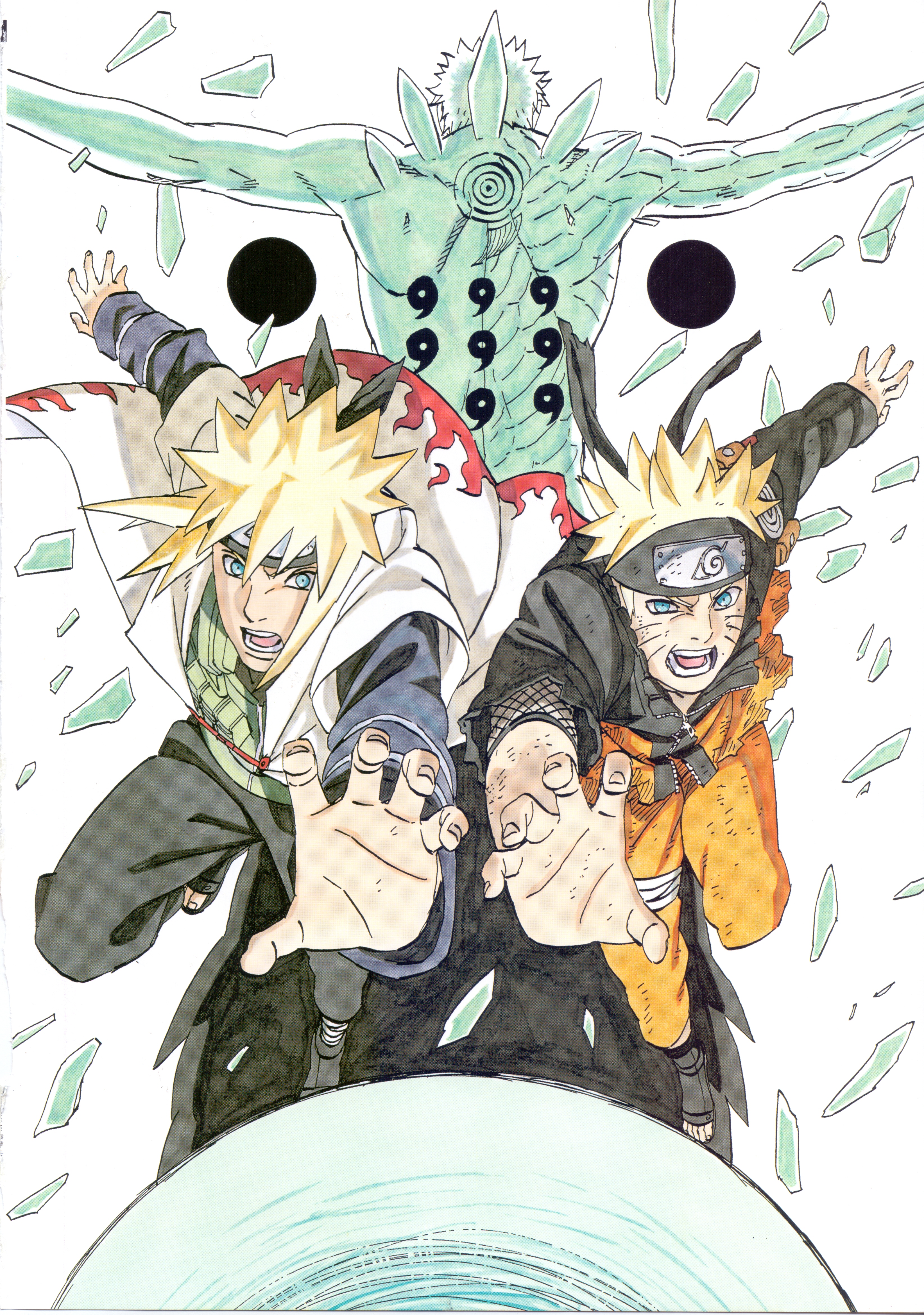 kishimoto masashi, namikaze minato, uchiha obito, uchiha obito (juubi jinchuriki), uzumaki naruto, naruto (series), naruto shippuuden, absurdres, highres, official art, 3boys, black jacket, black pants, blonde hair, blue eyes, coat, colored skin, facial mark, father and son, flak jacket, flame print, forehead protector, jacket, konohagakure symbol, magatama, multicolored jacket, multiple boys, open clothes, open coat, orange jacket, orange pants, pants, print coat, short hair, spiked hair, two-tone jacket, whisker markings, white coat, white skin