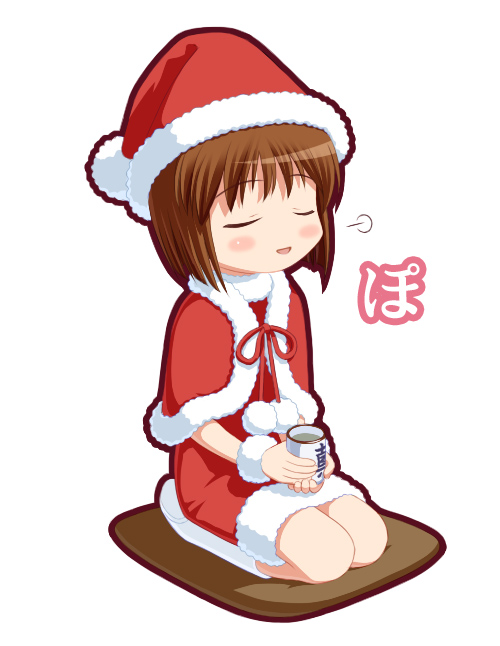 nekopuchi, hagiwara yukiho, idolmaster, idolmaster (classic), idolmaster 1, 00s, 1girl, bob cut, breasts, brown hair, capelet, cloud, cup, female focus, frills, full body, full moon, fur trim, moon, pillow, pom pom (cheerleading), santa costume, seiza, simple background, sitting, small breasts, solo, teacup, white background
