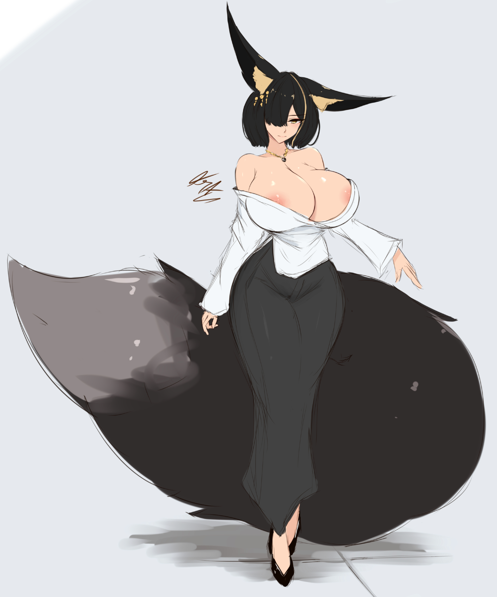 krass, original, highres, 1girl, animal ears, areola slip, armpit crease, black shoes, black skirt, breasts, cleavage, closed mouth, fox ears, full body, hair over one eye, huge breasts, jewelry, large tail, looking at viewer, necklace, shirt, shoes, short hair, signature, simple background, skirt, smile, solo, tail, white shirt, yellow eyes
