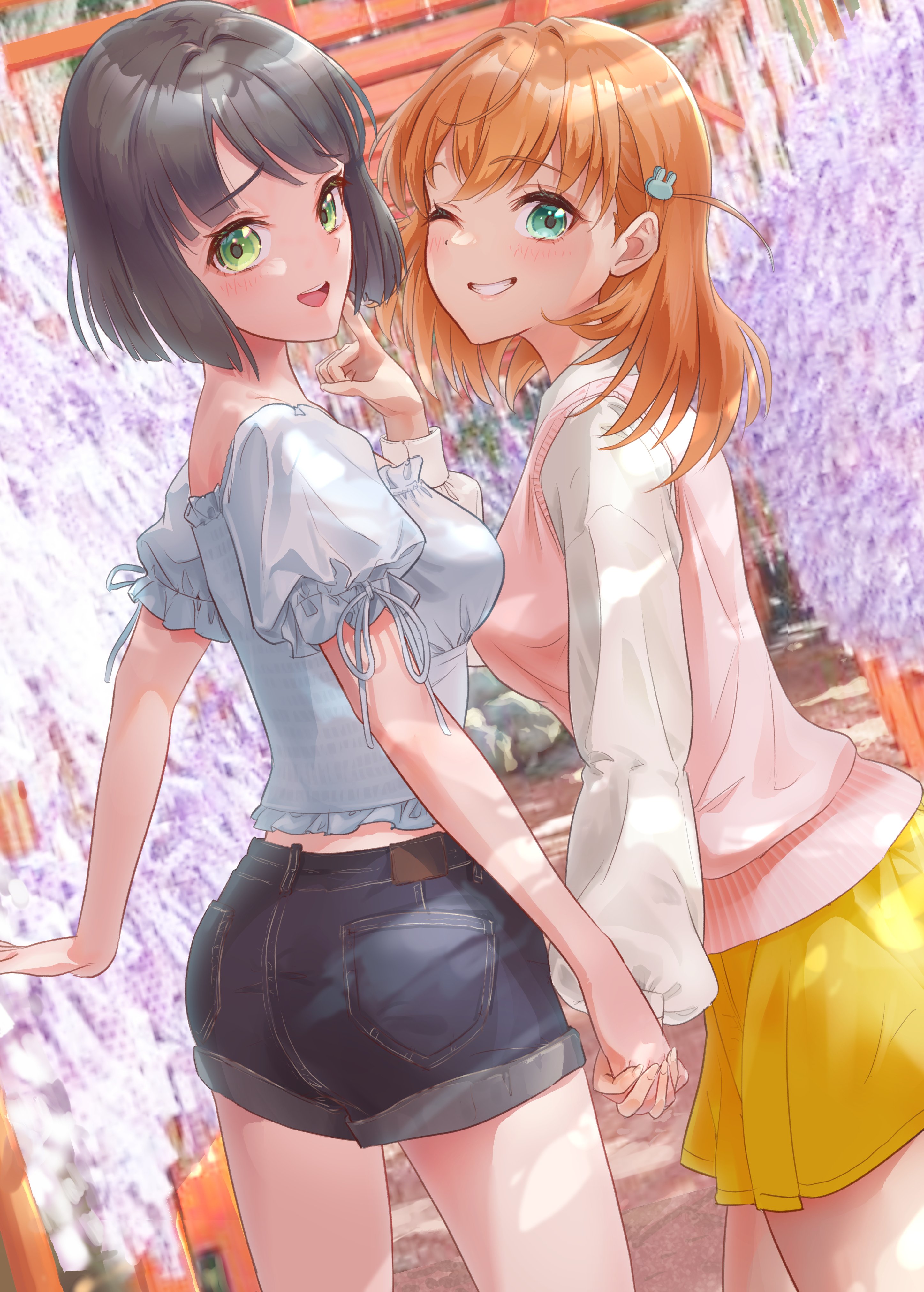 kobassy, hinoshita kaho, momose ginko, link! like! love live!, love live!, absurdres, commentary request, highres, 2girls, :d, ;d, alternate costume, black hair, black shorts, blunt ends, blush, bob cut, breasts, cerise bouquet, cheek poking, collared shirt, cowboy shot, dutch angle, green eyes, grin, hair ornament, holding hands, interlocked fingers, ishikawa prefecture, kanazawa (city), long sleeves, medium breasts, medium hair, miniskirt, multiple girls, one eye closed, open mouth, orange hair, outdoors, photo background, pink sweater vest, poking, rabbit hair ornament, raised inner eyebrows, shirt, short hair, short shorts, short sleeves, shorts, skirt, smile, sweater vest, two side up, virtual youtuber, white shirt, yellow skirt