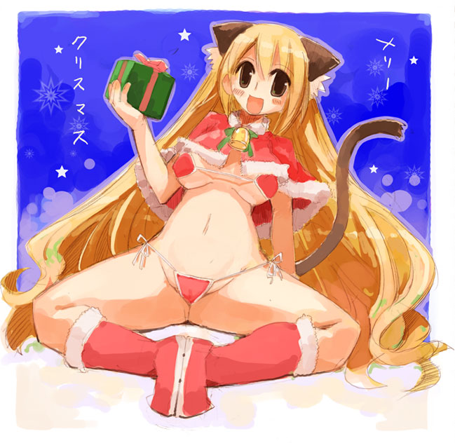 momiji mao, original, animal ear fluff, animal ears, bikini, blonde hair, brown eyes, cat ears, cat tail, christmas, long hair, red bikini, santa bikini, santa costume, solo, swimsuit, tail, very long hair