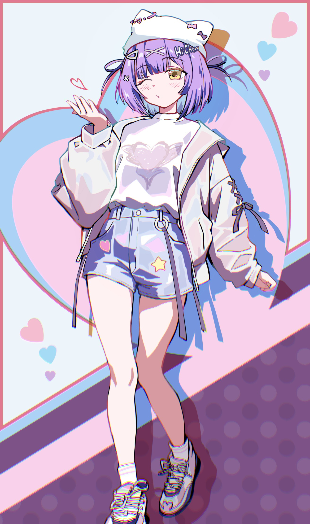 kurony (sirony), shinomiya runa, vspo!, commentary, highres, 1girl, animal ear headwear, arm at side, bare legs, beanie, blowing kiss, blue hair, blue shorts, blush, closed mouth, colored inner hair, colorful background, cross-laced clothes, cross-laced sleeves, fake animal ears, floral print, full body, hair ornament, hairclip, hand up, hat, heart, hi-chew, high-waist shorts, jacket, long sleeves, looking at viewer, multicolored hair, one eye closed, open clothes, open jacket, pink jacket, polka dot, polka dot background, print shirt, puckered lips, puffy long sleeves, puffy sleeves, purple hair, purple ribbon, raised eyebrows, ribbon, shadow, shirt, shirt tucked in, shoes, short hair, short shorts, shorts, sneakers, socks, solo, standing, standing on one leg, star (symbol), two side up, virtual youtuber, white hat, white shirt, white shoes, white socks, x hair ornament, yellow eyes