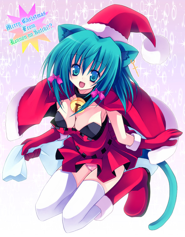 kannon ouji, original, santa boots, 1girl, animal ears, aqua eyes, aqua hair, bell, boots, bow, breasts, cat ears, cat tail, christmas, cleavage, collar, cross, dress, female focus, gloves, hair bow, hat, jingle bell, latin cross, neck bell, panties, pantyshot, pink panties, red gloves, sack, santa costume, santa hat, solo, tail, thighhighs, underwear, white thighhighs