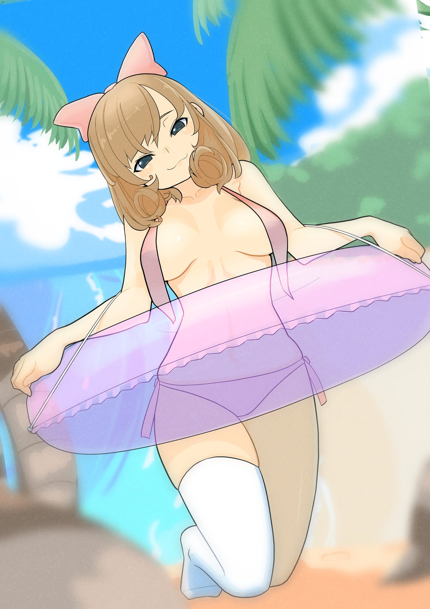 karehaman, haruka (senran kagura), senran kagura, 1girl, bikini, blue sky, breasts, brown hair, cloud, green eyes, hair ribbon, large breasts, looking at viewer, medium hair, ocean, palm tree, ribbon, sand, sky, swimsuit, tree, water