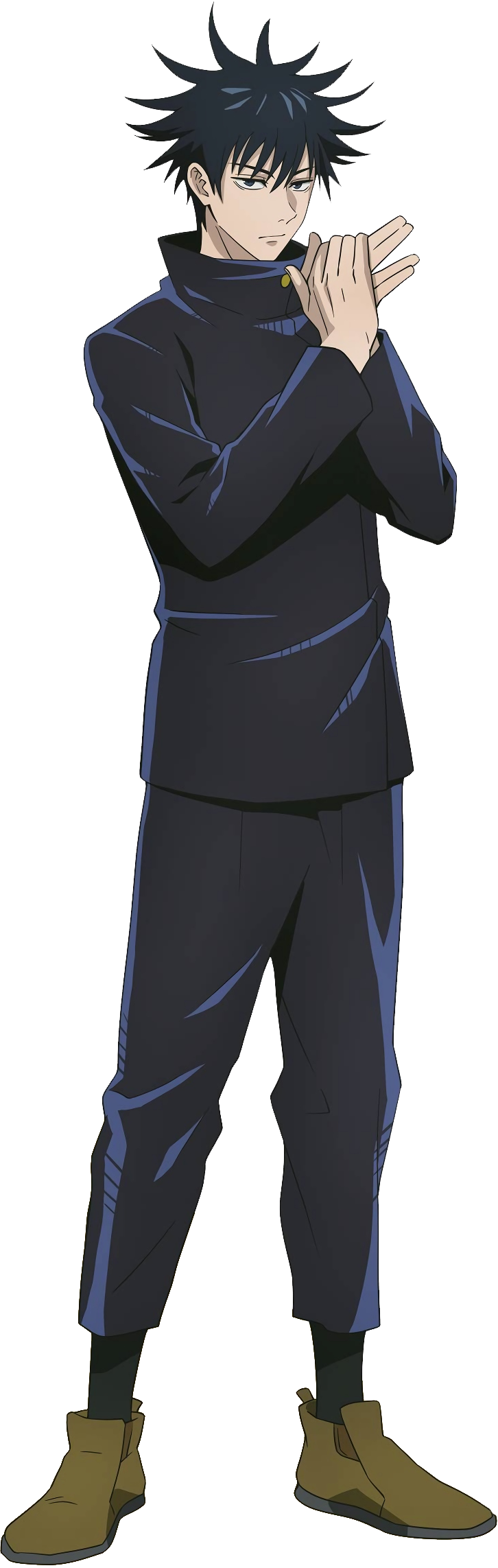 fushiguro megumi, jujutsu kaisen, highres, official art, 1boy, anime coloring, black hair, black jacket, black pants, buttons, full body, hair between eyes, jacket, jujutsu tech uniform, long sleeves, pants, short hair, solo, transparent background