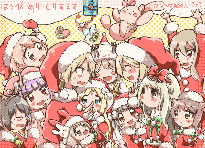 haitatunin, original, 6+girls, blonde hair, blush, christmas, everyone, hanataba haitatunin 3+3, multiple girls, santa costume