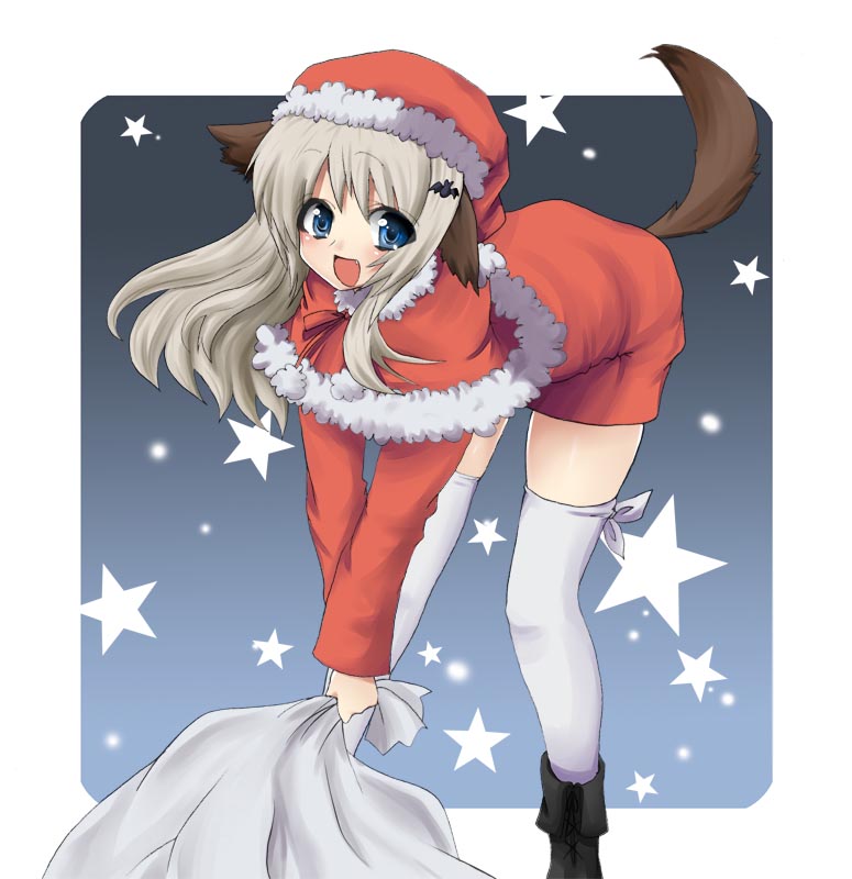 masayu, noumi kudryavka, little busters!, silver hair, bad id, bad pixiv id, 1girl, animal ears, bag, bat hair ornament, bent over, blue eyes, boots, capelet, christmas, dog ears, dog tail, fang, female focus, hair ornament, hat, long hair, sack, santa costume, santa hat, smile, solo, star (symbol), tail, thighhighs, white thighhighs