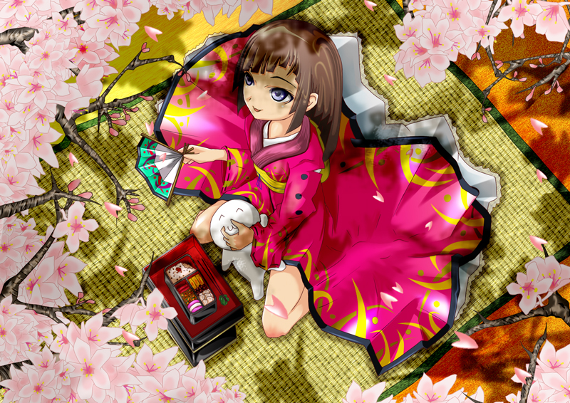 yoruie satsuki, original, bento, blue eyes, brown hair, cherry blossoms, japanese clothes, kimono, mat, solo