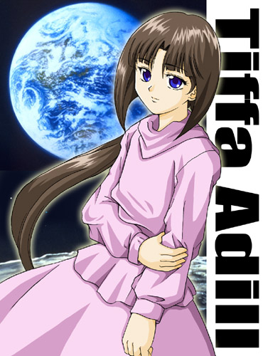 hanzou, tiffa adill, after war gundam x, gundam, lowres, 1girl, blue eyes, brown hair, character name, cowboy shot, earth (planet), female focus, hand on own arm, holding own arm, long hair, long sleeves, looking at viewer, moon, pink skirt, planet, ponytail, purple eyes, skirt, smile, solo, space, sweater, text focus, very long hair