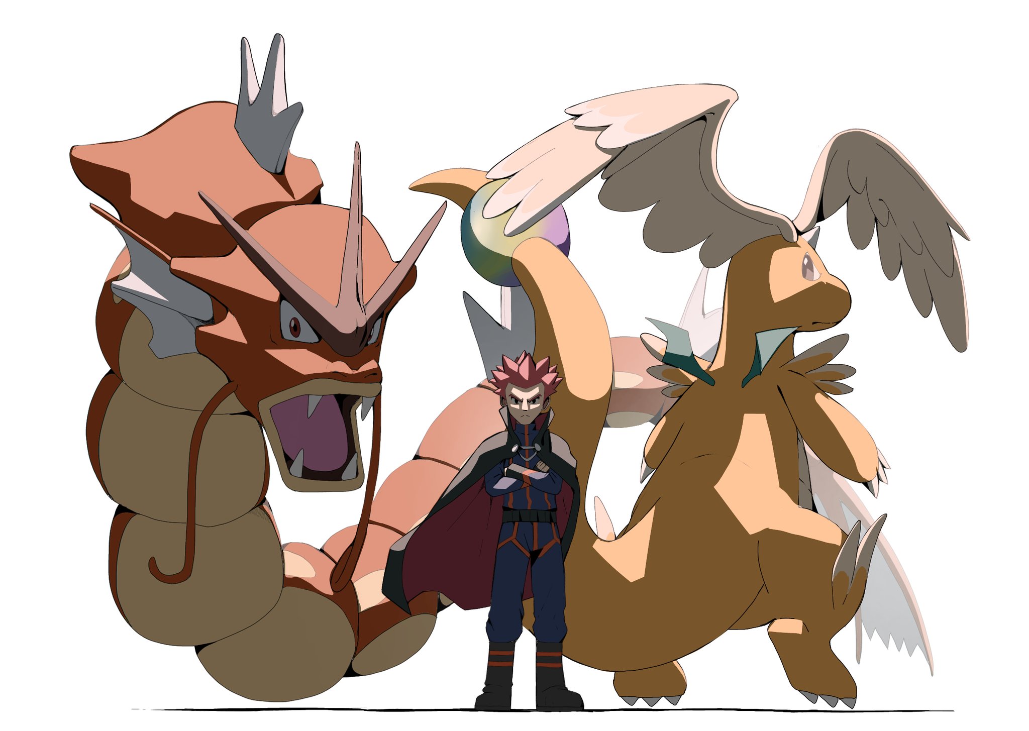 psaber97, dragonite, gyarados, lance (pokemon), mega dragonite, nintendo, pokemon, pokemon hgss, highres, 1boy, alternate color, black cape, brown eyes, cape, claws, closed mouth, colored skin, crossed arms, dragon, fangs, feathered wings, frown, full body, gen 1 pokemon, head wings, horns, jacket, long sleeves, mega pokemon, open mouth, pants, pokemon (creature), popped collar, red eyes, red hair, shadow, shiny pokemon, short hair, simple background, single horn, spiked hair, tail, white background, wings