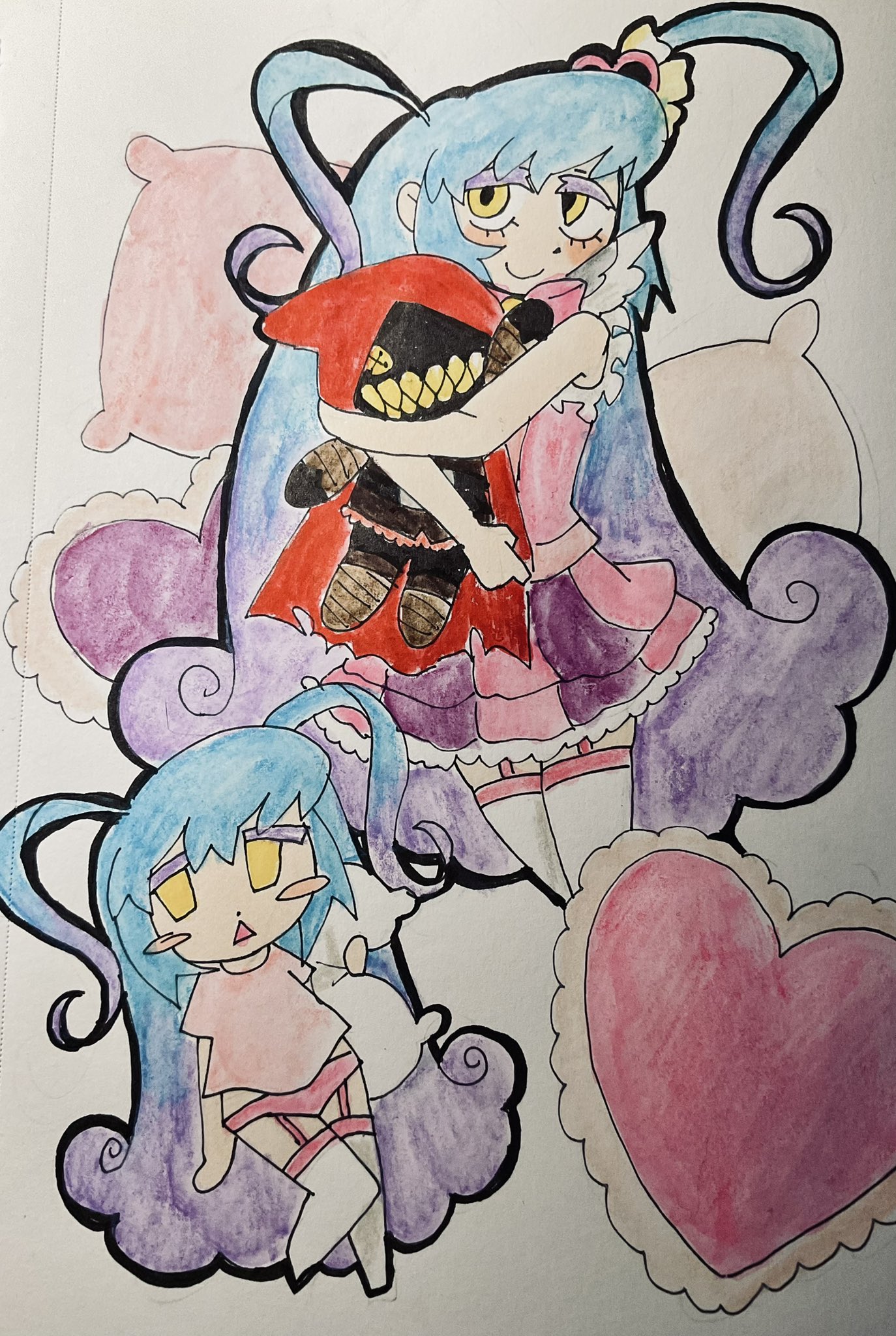 little red riding hooded mercenary, queen of hatred, lobotomy corporation, project moon, highres, 11voegel, 1girl, blue hair, blush stickers, bow, bowtie, cape, character doll, chibi, chibi inset, diamond mouth, doll, full body, gradient hair, hair ornament, heart, heart hair ornament, hood, hooded cape, long hair, looking at viewer, magical girl, multicolored hair, multiple views, panties, pillow, pink bow, pink bowtie, pink garter straps, pink panties, pink shirt, pink skirt, pink vest, purple hair, red cape, shirt, simple background, skirt, smile, solo, standing, striped clothes, striped skirt, two side up, underwear, upper body, vertical-striped clothes, vertical-striped skirt, vest, white background, yellow eyes