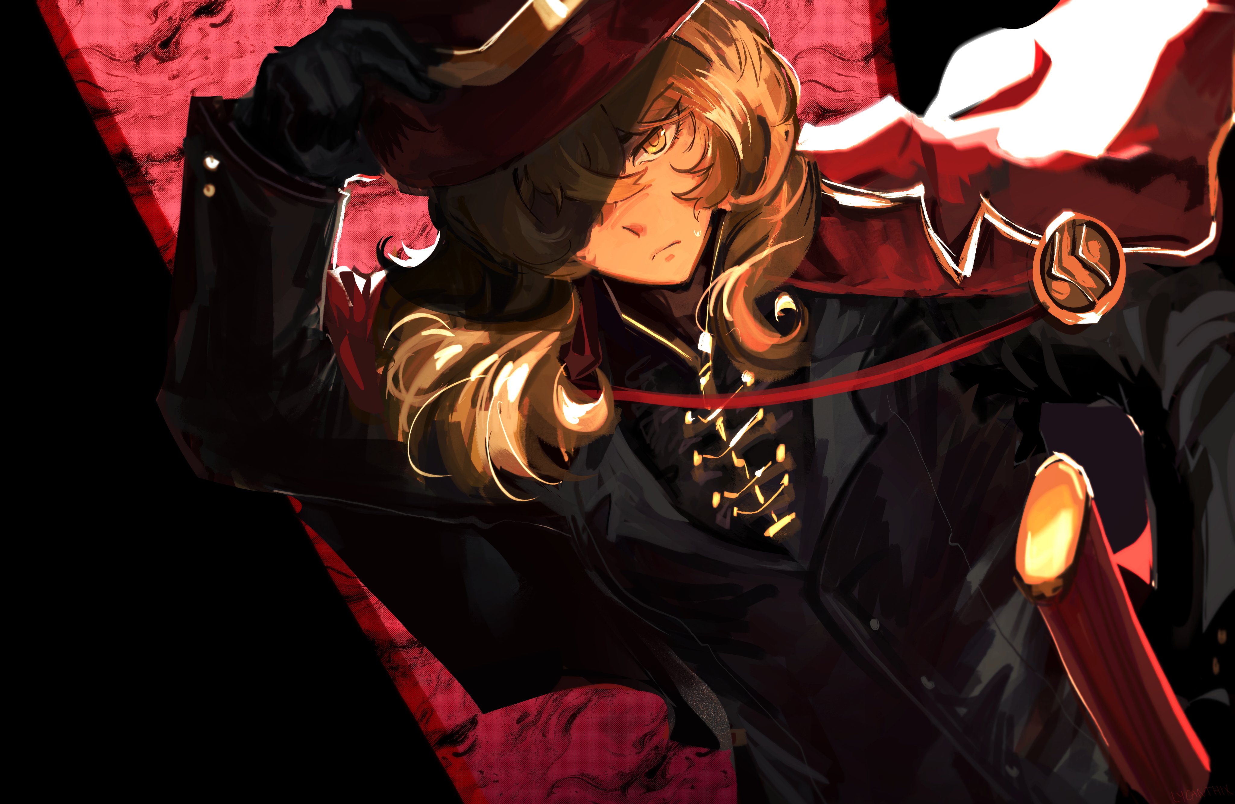 lycanthix, sinclair (project moon), limbus company, project moon, absurdres, highres, 1boy, alternate hair length, alternate hairstyle, black gloves, black jacket, black shirt, blonde hair, coat, collared shirt, gloves, holding, holding weapon, jacket, jacket on shoulders, looking at viewer, male focus, medium hair, red background, red coat, shirt, simple background, solo, thumb (identity) (project moon), upper body, weapon, yellow eyes
