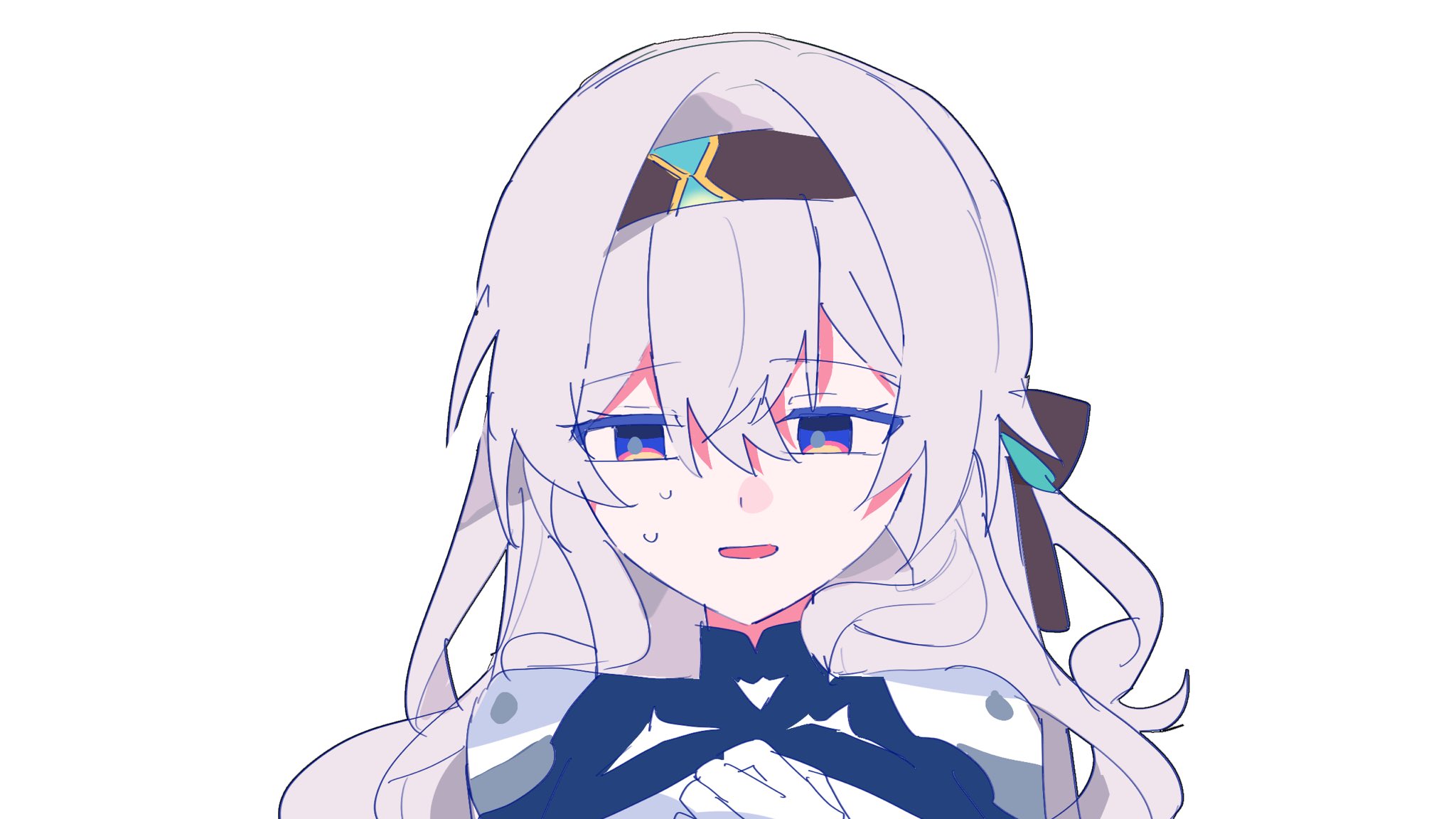 j96s5k, firefly (ar-26710) (honkai: star rail), firefly (honkai: star rail), honkai: star rail, honkai (series), highres, 1girl, black hairband, black ribbon, blue pupils, bodysuit, formal clothes, grey hair, hair between eyes, hair intakes, hair ornament, hair ribbon, hairband, hand on own chest, long hair, multicolored eyes, open mouth, ribbon, simple background, solo, suit, sweatdrop, white background, white bodysuit, white suit