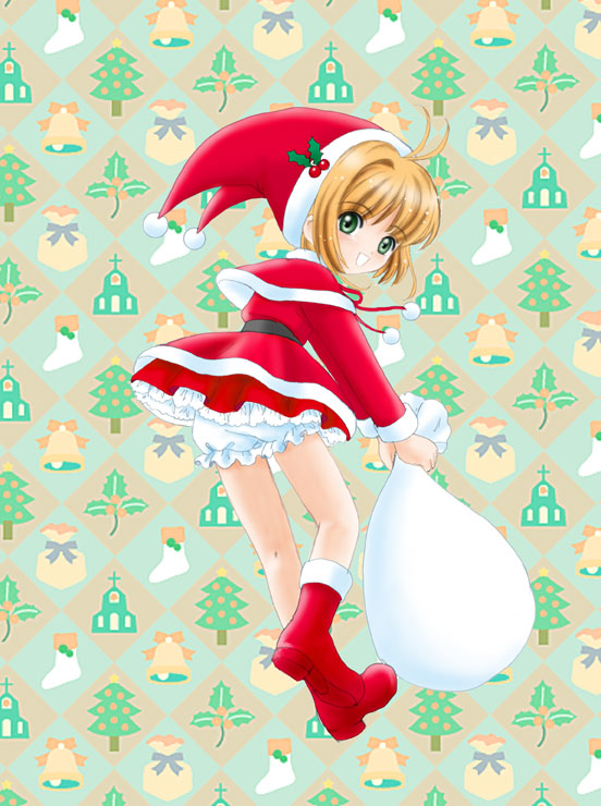 kinomoto sakura, cardcaptor sakura, tagme, 1990s (style), 1girl, blonde hair, bloomers, brown hair, christmas, female focus, green eyes, looking at viewer, looking back, mistletoe, retro artstyle, short hair, smile, solo, underwear