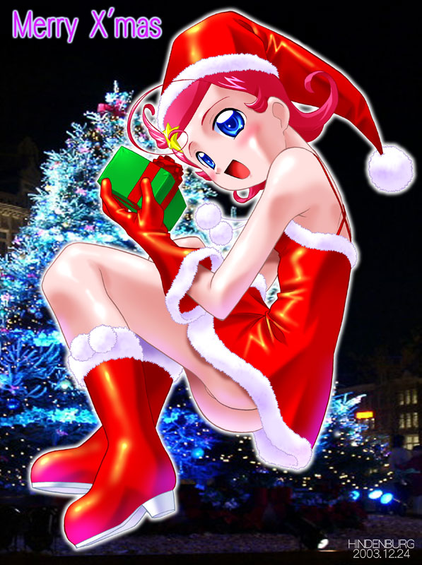 hindenburg (hindenburugu), comet (comet-san), cosmic baton girl comet-san, red footwear, red headwear, 00s, 1girl, 2003, ass, blue eyes, blush, boots, christmas, christmas tree, dated, december, dress, fur-trimmed boots, fur-trimmed dress, fur-trimmed gloves, fur-trimmed headwear, fur trim, gift, gloves, hair ornament, hat, holding, looking at viewer, merry christmas, night, no panties, open mouth, pink hair, pom pom (clothes), red dress, red gloves, santa costume, short hair, sky, sleeveless, sleeveless dress, smile, star (symbol), star hair ornament, tree
