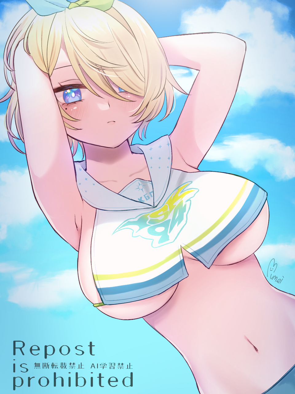 nikketa (girls' frontline 2), vsk-94 (girls' frontline), girls' frontline, girls' frontline 2: exilium, commentary request, highres, partial commentary, 1girl, armpits, arms behind head, arms up, bare shoulders, blonde hair, blue eyes, blue hairband, blue skirt, blue sky, bow hairband, breasts, cheerleader, closed mouth, clothes writing, cloud, collarbone, cowboy shot, crop top, day, dutch angle, green hairband, hair between eyes, hair ornament, hairband, large breasts, light blush, looking at viewer, mole, mole under eye, mumei (yr 0920), navel, nikketa (dance like the blazing sun) (girls' frontline 2), official alternate costume, sailor collar, shirt, short hair, sidelocks, signature, skirt, sky, sleeveless, sleeveless shirt, solo, standing, stomach, two-tone hairband, underboob, watermark, white sailor collar, white shirt