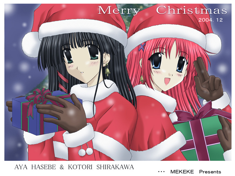 hasebe aya, shirakawa kotori, da capo, 00s, 2girls, bell, blue eyes, box, christmas, christmas tree, earrings, female focus, gift, gloves, green eyes, hat, jewelry, long hair, looking at viewer, multiple girls, santa costume, santa hat, smile, snow, tree