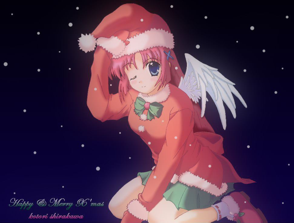 shirakawa kotori, da capo, 00s, 1girl, blue eyes, christmas, female focus, hair ornament, hat, long hair, looking at viewer, mittens, red hair, santa costume, santa hat, shoes, sitting, skirt, smile, snow, solo, wings, wink