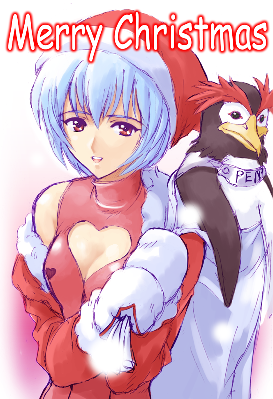 suzuno kouya, ayanami rei, penpen, neon genesis evangelion, 1girl, bird, blue hair, breasts, christmas, cleavage, cleavage cutout, clothing cutout, dress, female focus, hat, heart, heart cutout, jacket, looking at viewer, merry christmas, mittens, off shoulder, open mouth, penguin, red dress, red eyes, sack, santa hat, short hair, simple background, sleeveless, sleeveless dress, smile, solo, turtleneck, white mittens