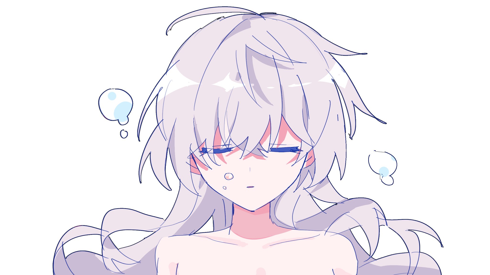 j96s5k, firefly (honkai: star rail), honkai: star rail, honkai (series), highres, 1girl, bubble, closed eyes, completely nude, grey hair, hair between eyes, hair intakes, in water, long hair, nude, open mouth, simple background, sleeping, solo, white background