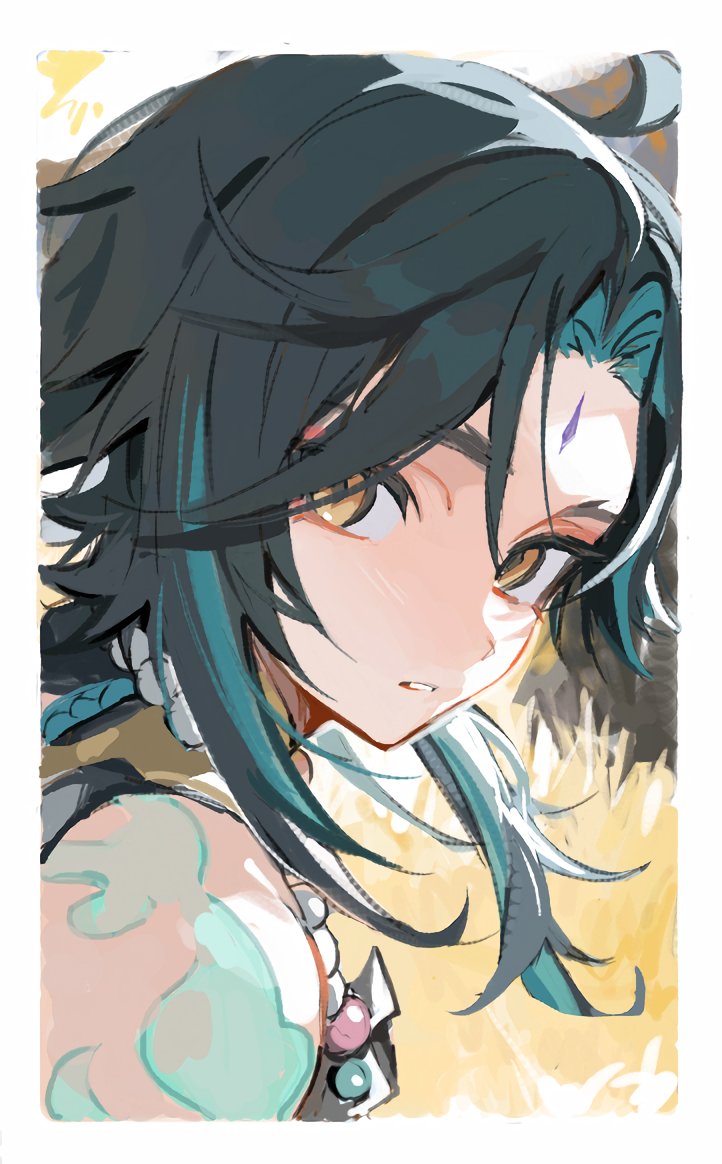 kaawaisann, xiao (genshin impact), genshin impact, 1boy, arm tattoo, bead necklace, beads, black hair, blue hair, facial mark, forehead mark, jewelry, looking at viewer, male focus, multicolored hair, necklace, orange eyes, parted lips, simple background, solo, tattoo, upper body