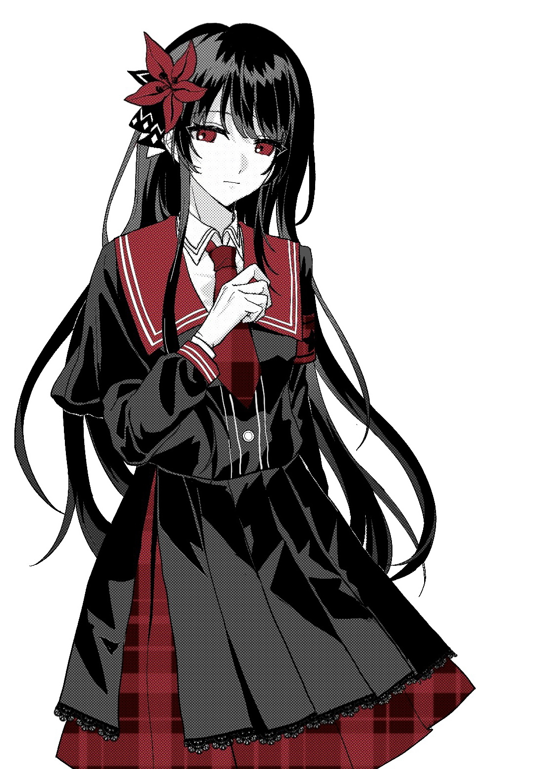 nikaidou hiro, mahou shoujo no majo saiban, highres, 1girl, aosowkkqjsjxxjzjs, blunt bangs, closed mouth, collared shirt, cowboy shot, flower, hair flower, hair ornament, hand up, long hair, long sleeves, looking at viewer, magical girl, necktie, partially colored, plaid clothes, plaid skirt, pleated skirt, red eyes, red flower, red necktie, shirt, simple background, skirt, solo, standing, white background
