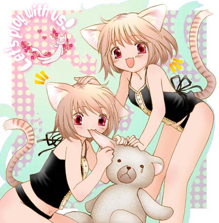 lowres, 2girls, animal ears, biting, blush, camisole, cat ears, female focus, hand on another's head, lingerie, looking at viewer, multiple girls, navel, stuffed animal, stuffed toy, tail, teddy bear, underwear