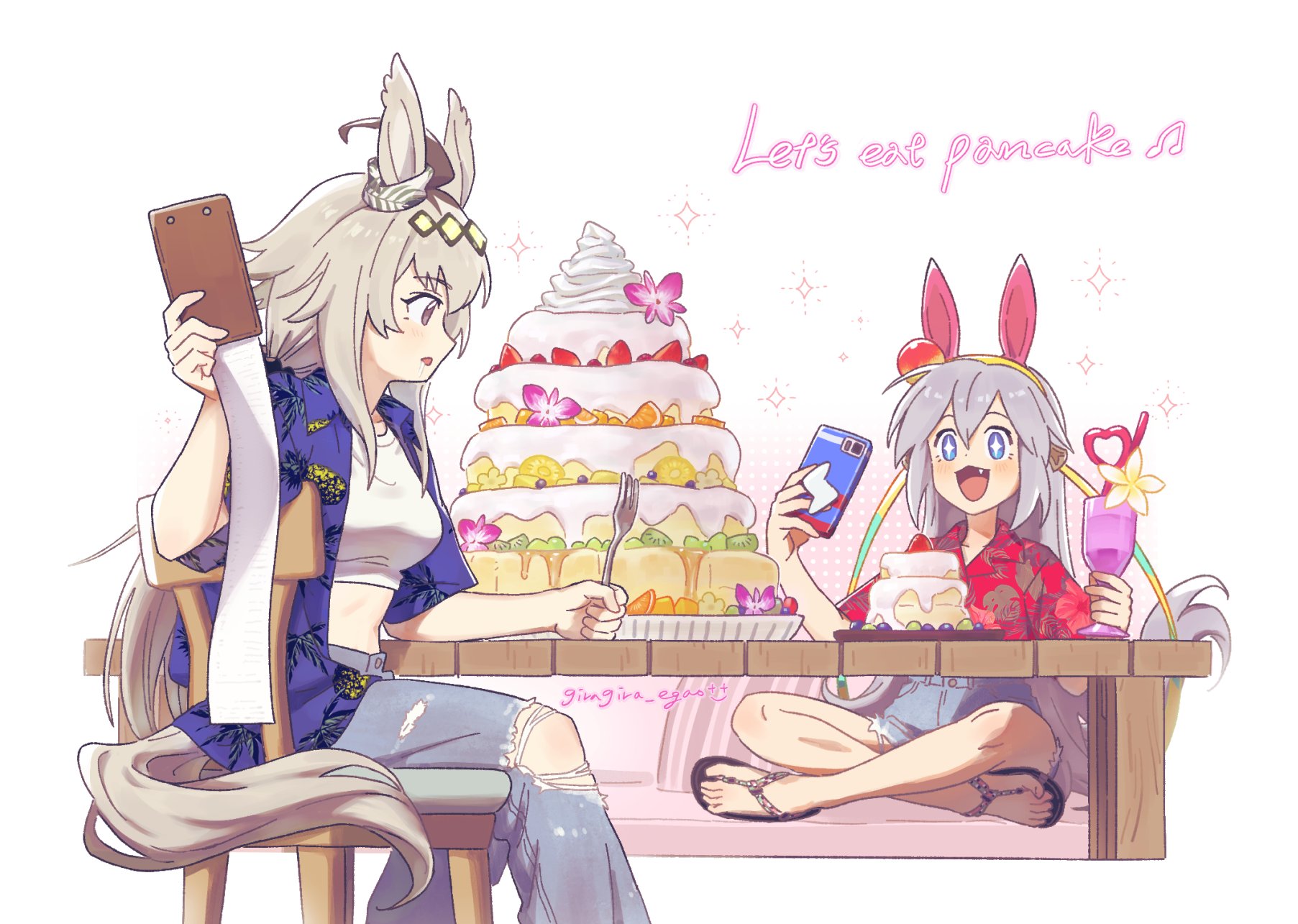 oguri cap (umamusume), tamamo cross (umamusume), umamusume, umamusume: cinderella gray, highres, 2girls, ahoge, animal ears, bill (object), blue eyes, blue pants, blue shirt, blue shorts, blush, brown hair, cake, cellphone, chair, cropped shirt, crossed legs, cup, denim, denim shorts, drinking straw, drooling, ear covers, ear ornament, fang, flip-flops, food, fork, giragira egao, glutton, grey hair, grey tail, hair between eyes, hair ornament, hairband, headband, holding, holding cup, holding fork, holding phone, horse ears, horse girl, horse tail, long hair, midriff, mouth drool, multicolored hair, multiple girls, navel, open clothes, open mouth, pants, phone, red shirt, saliva, sandals, shirt, short sleeves, shorts, sitting, smartphone, smile, star-shaped pupils, star (symbol), striped clothes, striped hairband, symbol-shaped pupils, table, tail, torn clothes, torn pants, very long hair, white shirt