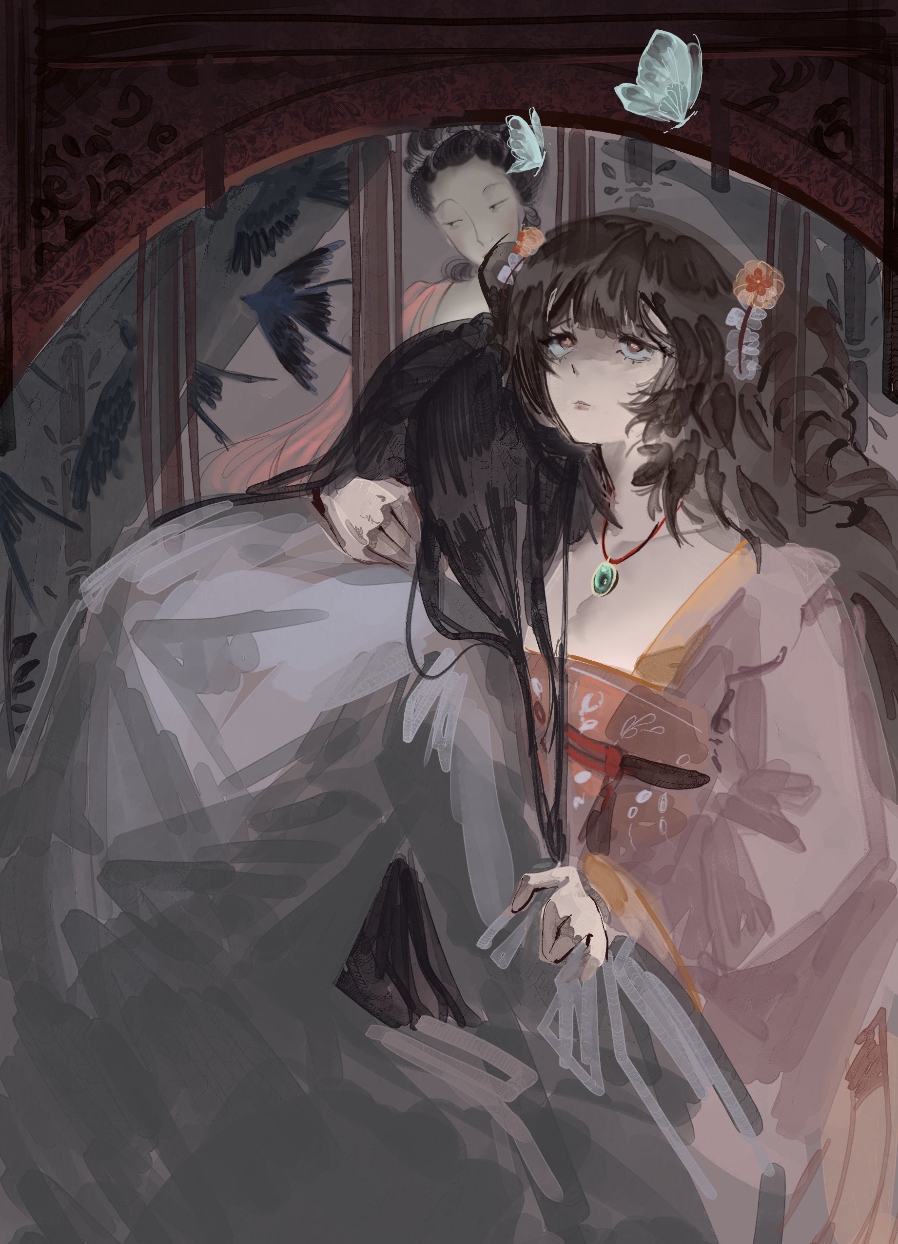 lycanthix, hong lu (project moon), limbus company, project moon, absurdres, highres, 1boy, 1girl, black hair, breasts, brown eyes, brown hair, bug, butterfly, chinese clothes, cleavage, drill hair, flower, hair flower, hair ornament, hanfu, hug, insect, jade pendant, jewelry, long hair, long sleeves, looking at another, necklace, orange flower, orange hanfu, pink hanfu, qixiong ruqun, solo focus, twin drills, upper body, white hanfu, xue baochai (project moon)