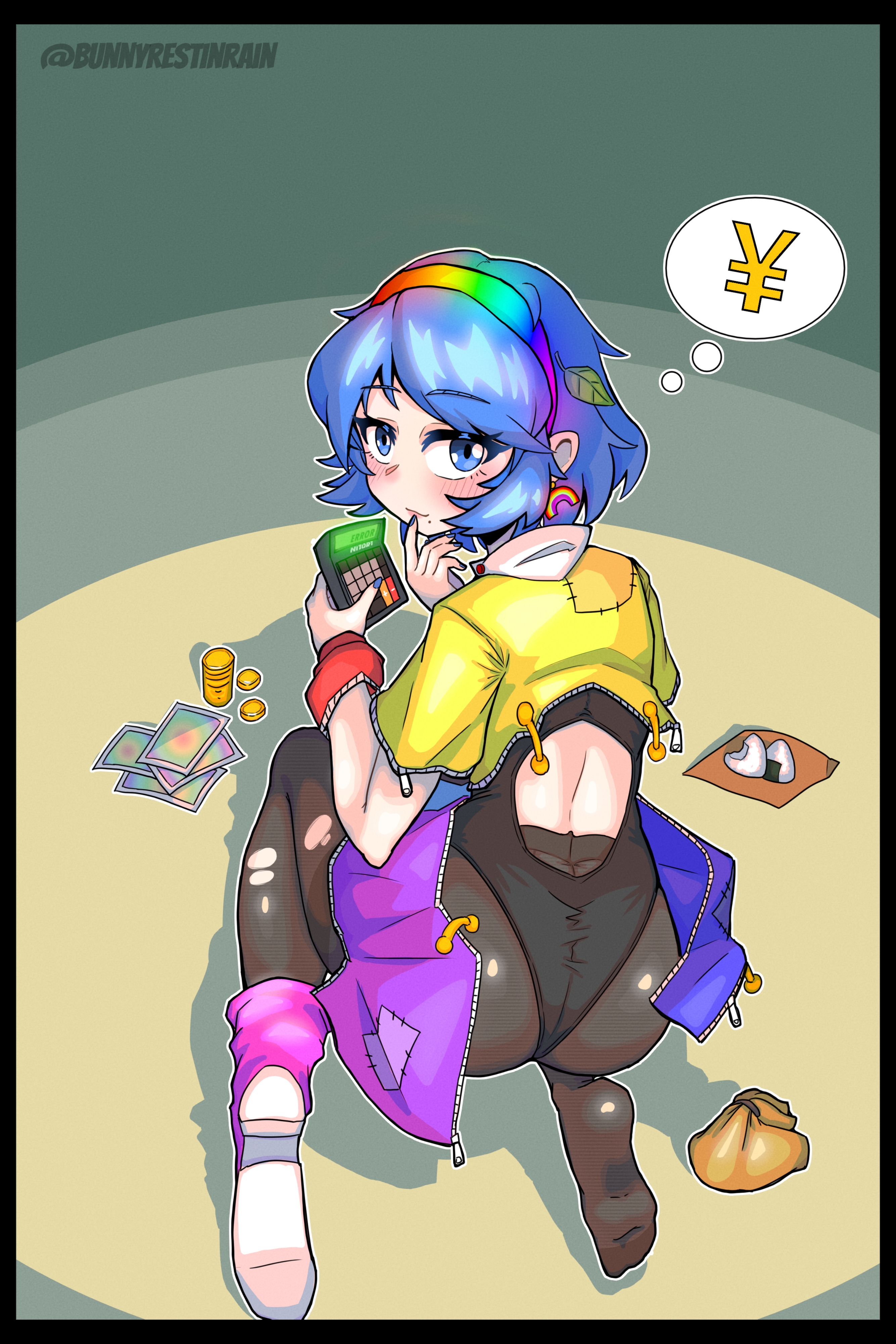 sleepymoon, tenkyuu chimata, touhou, absurdres, highres, 1girl, ability card (touhou), ass, back cutout, bag, black border, black leotard, black pantyhose, blue eyes, blue hair, blue nails, border, closed mouth, clothing cutout, food, full body, hairband, holding calculator, leotard, looking back, onigiri, open clothes, outline, pantyhose, patchwork clothes, pile of coins, rainbow earrings, rainbow hairband, shoes, short sleeves, single bare foot, sitting, solo, speech bubble, thought bubble, wariza, white outline, white shoes, yen sign, zipper