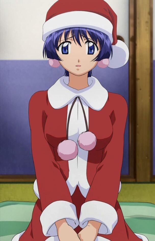 sakuraba aoi, ai yori aoshi, anime screenshot, 1girl, blue eyes, blue hair, christmas, hat, looking at viewer, santa costume, santa hat, short hair