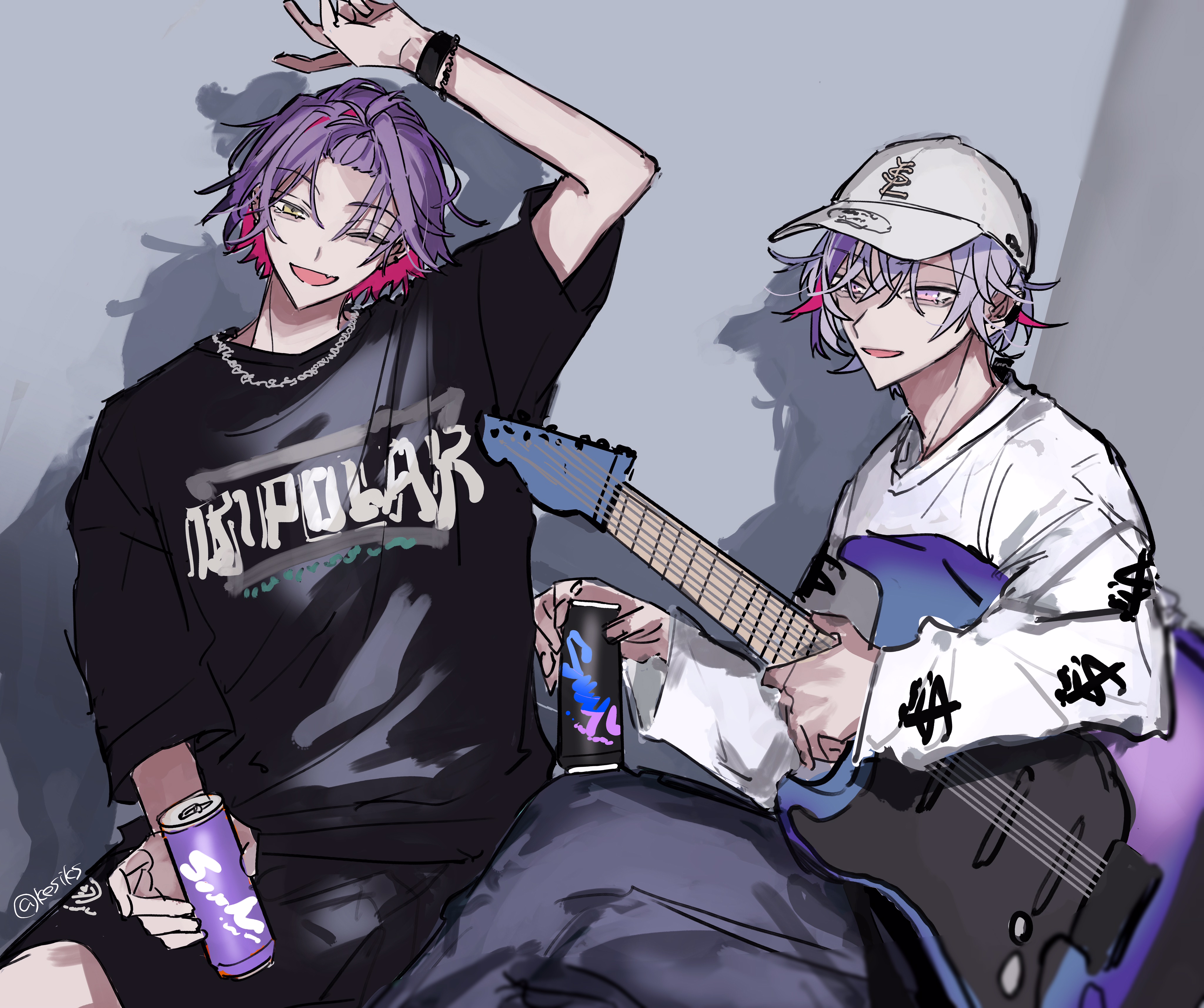 kesiks0616, fuwa minato, watarai hibari, nijisanji, absurdres, highres, 2boys, arm up, baseball cap, black shirt, blue hair, bracelet, can, chain, chain necklace, drink can, electric guitar, guitar, hair between eyes, hat, holding, holding can, holding instrument, instrument, jewelry, multicolored hair, multiple boys, necklace, pants, shirt, short hair, shorts, sitting, smile, streaked hair, virtual youtuber, white shirt