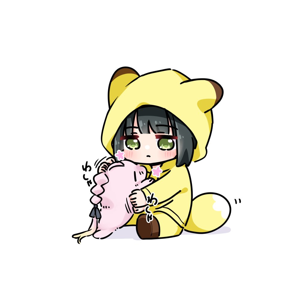 shiro (white 2530), anyoji hime, momose ginko, link! like! love live!, love live!, commentary request, 1girl, ahoge, ahoge wag, animal, animal ears, animal hood, animal with hair, animalization, black hair, black ribbon, blush, brown shoes, closed eyes, closed mouth, expressive hair, fox ears, fox hood, fox tail, frown, green eyes, hair ribbon, holding, holding animal, holiday holiday (love live!), holiday holiday (tenko) (love live!), hood, hoodie, looking at animal, multi-tied hair, official alternate costume, pants, petting, ponytail, ribbon, seal (animal), shoes, short hair, sitting, tail, virtual youtuber, white background, yellow hoodie, yellow pants