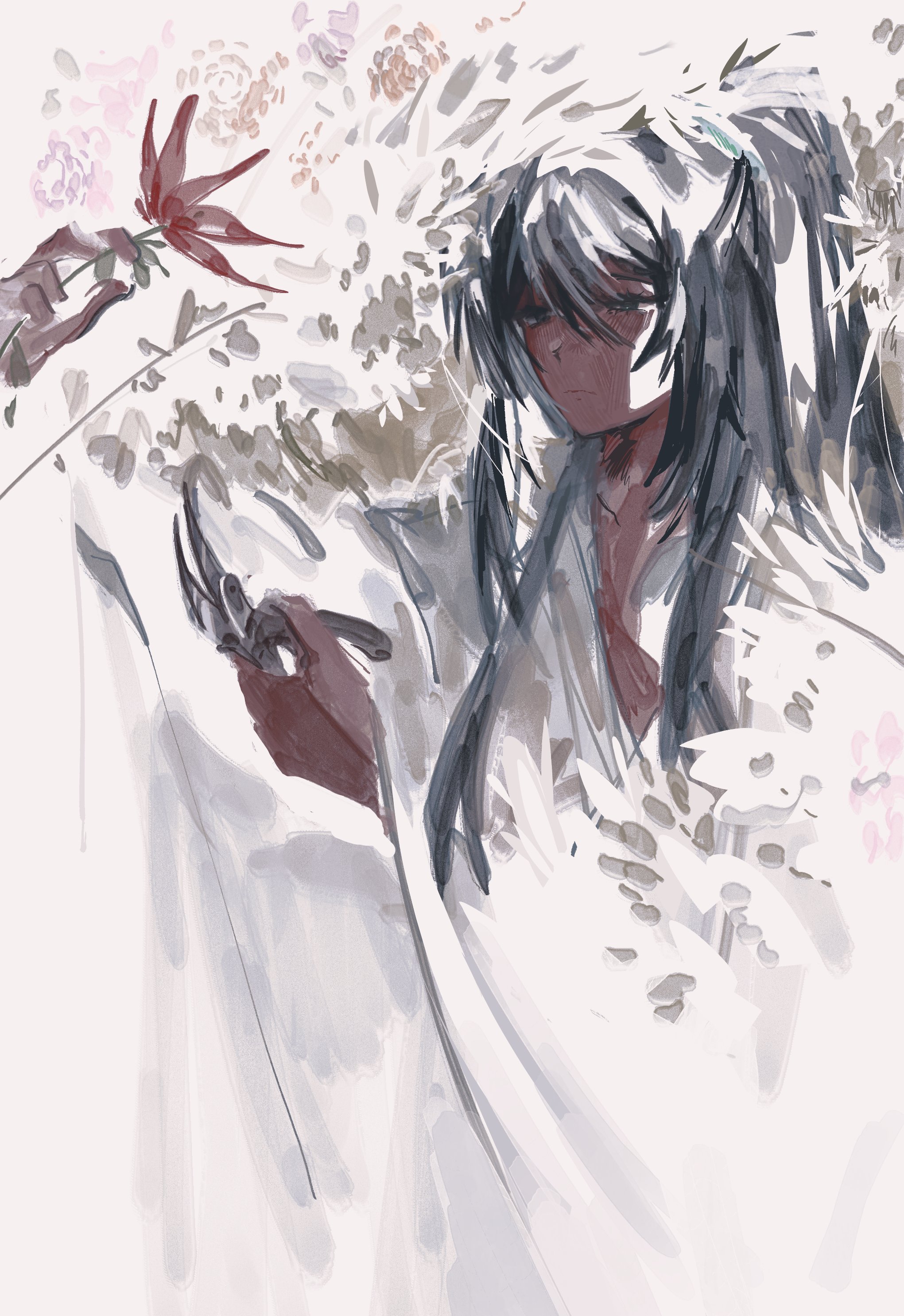 lycanthix, hong lu (project moon), limbus company, project moon, absurdres, highres, 1boy, black eyes, black hair, blue eyes, chinese clothes, flower, hanfu, heterochromia, high ponytail, long hair, long sleeves, looking at viewer, male focus, ponytail, red flower, simple background, solo, upper body, white background, white hanfu