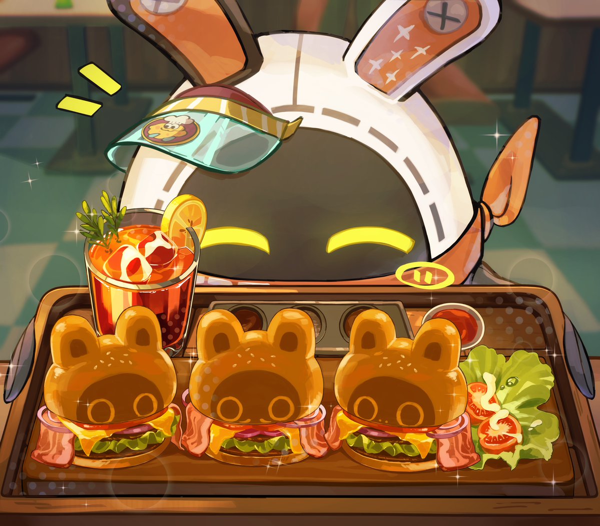 run (yukatokabe), bangboo (zenless zone zero), eous (zenless zone zero), zenless zone zero, commentary request, ^ ^, bacon, blurry, blurry background, burger, closed eyes, cup, food, food focus, fruit, hat, holding, holding tray, ice, ice cube, lemon, lemon slice, lettuce, no humans, notice lines, solo, sparkle, tomato, tomato slice, tray, visor cap