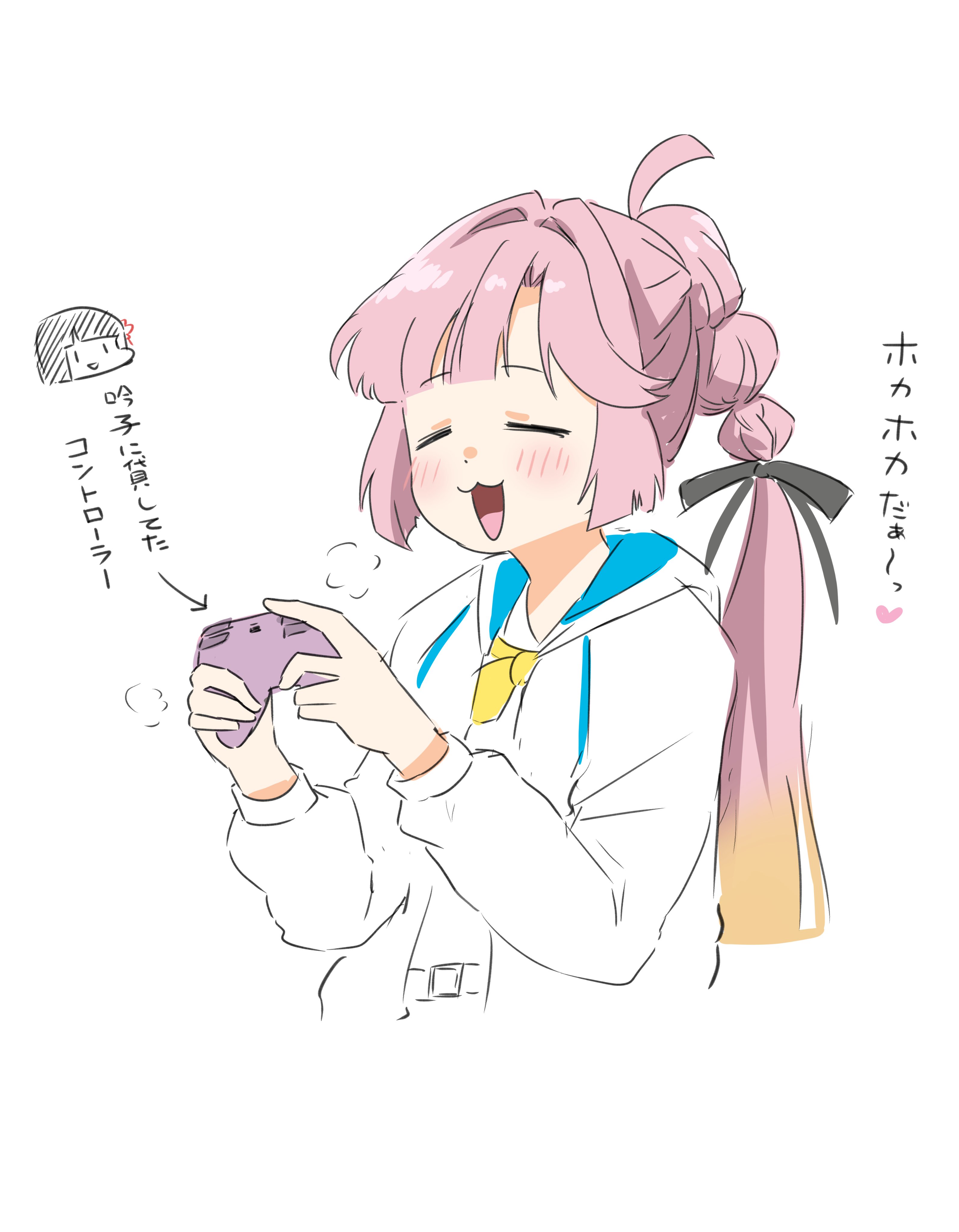 kanzaki gou, anyoji hime, momose ginko, link! like! love live!, love live!, absurdres, highres, translation request, 2girls, :3, :d, = =, ahoge, black ribbon, blonde hair, chibi, chibi inset, closed eyes, controller, cropped torso, game controller, gradient hair, hair ribbon, hasu no sora school uniform, holding, holding controller, holding game controller, hood, hooded jacket, jacket, long hair, multi-tied hair, multicolored hair, multiple girls, open clothes, open jacket, open mouth, pink hair, playing games, ponytail, ribbon, school uniform, simple background, smile, solo focus, virtual youtuber, white background, white jacket