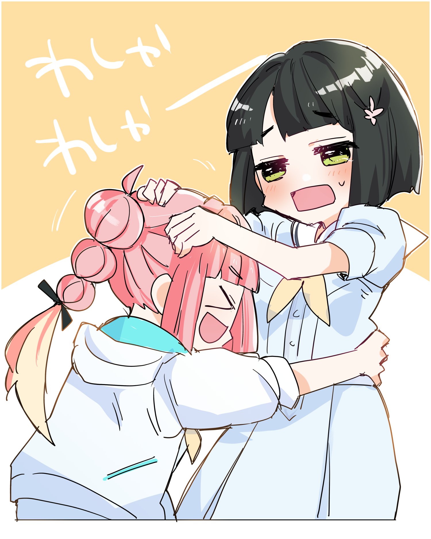 kanduki kamibukuro, anyoji hime, momose ginko, link! like! love live!, love live!, commentary request, highres, > <, 2girls, :d, ahoge, black hair, blue dress, blunt bangs, blunt ends, bob cut, dress, flower, flustered, green eyes, hair flower, hair ornament, hasu no sora school uniform, headpat, hood, hooded jacket, jacket, jitome, looking at another, multiple girls, open mouth, pink flower, pleated dress, puffy short sleeves, puffy sleeves, raised inner eyebrows, sailor collar, sailor dress, school uniform, short hair, short sleeves, sidelocks, simple background, smile, summer uniform, three-quarter sleeves, virtual youtuber, white jacket, white sailor collar, xd, yellow background, yuri