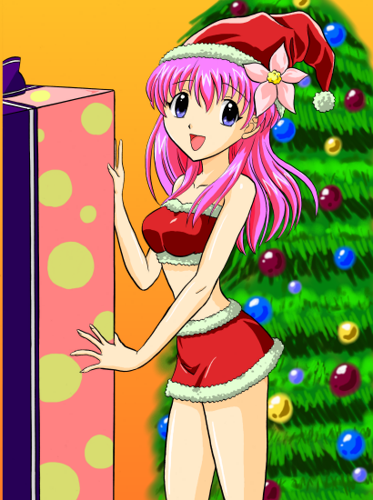 milfeulle sakuraba, galaxy angel, tagme, 00s, 1girl, bare shoulders, christmas, christmas tree, female focus, gift, hat, indoors, long hair, looking at viewer, midriff, miniskirt, pink hair, santa costume, santa hat, skirt, smile, solo, strapless, tube top