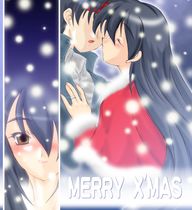himuro kinu, yokoshima tadao, ghost sweeper mikami, tagme, blue hair, blush, christmas, jewelry, kiss, long hair, ring, snow