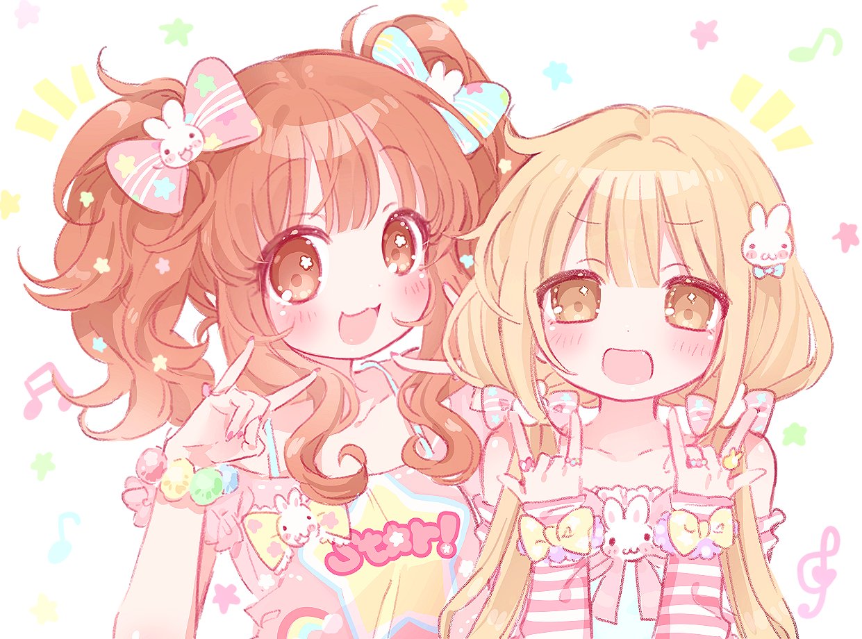 mipi (u3u 00), futaba anzu, moroboshi kirari, idolmaster, idolmaster cinderella girls, 2girls, :3, blonde hair, blunt bangs, bow, bracelet, brown hair, hair bow, hair ornament, jewelry, low twintails, multiple girls, open mouth, shirt, sidelocks, smile, star (symbol), star hair ornament, twintails