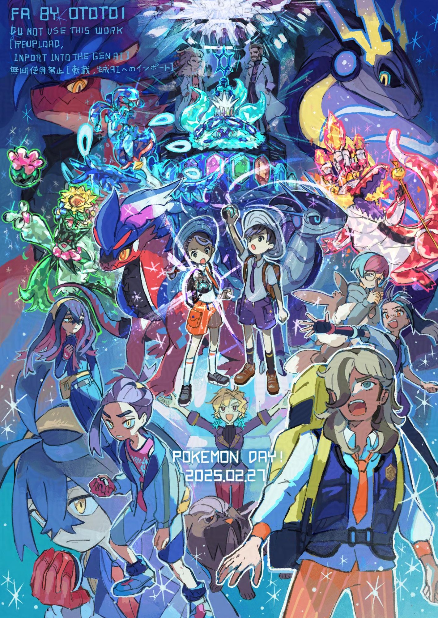 ototoi (eevees813), arven (pokemon), briar (pokemon), carmine (pokemon), florian (pokemon), juliana (pokemon), kieran (pokemon), koraidon, meowscarada, miraidon, nemona (pokemon), penny (pokemon), professor sada, professor turo, quaquaval, skeledirge, terapagos, terapagos (stellar), nintendo, pokemon, pokemon sv, highres, 4boys, 6+girls, arm up, backpack, bag, black hair, blonde hair, blue hair, brown hair, dated, fingerless gloves, glasses, gloves, grey hair, hair over one eye, hat, holding, holding poke ball, jacket, long hair, long sleeves, multiple boys, multiple girls, multiple views, naranja academy school uniform, necktie, open mouth, pants, poke ball, pokemon (creature), pokemon day, ponytail, purple hair, red hair, school uniform, shirt, shorts, single fingerless glove, single glove, sparkle, tera orb, terastallization, uva academy school uniform, vest