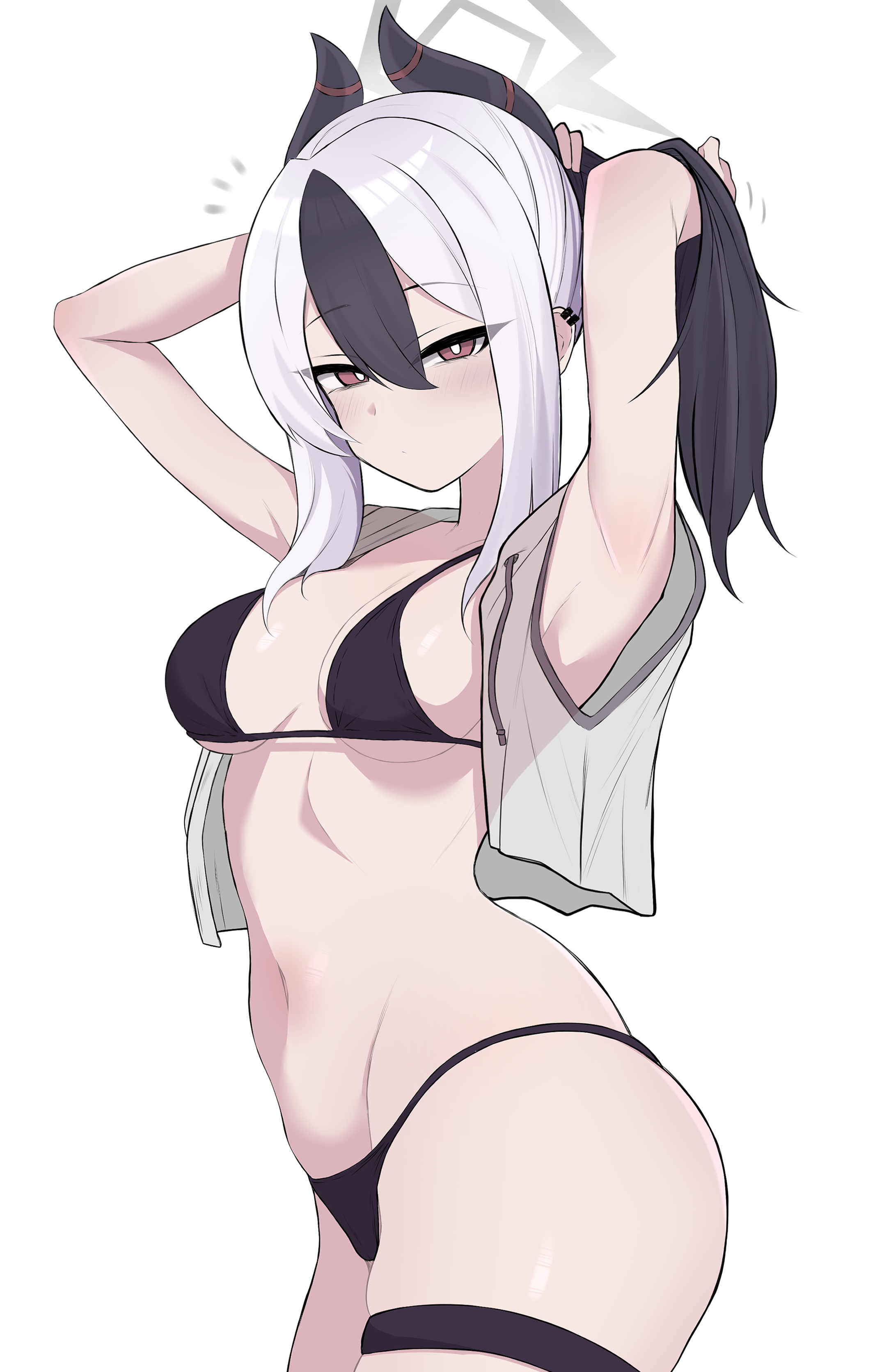 puchimosu (mosu1427), kayoko (blue archive), blue archive, absurdres, commentary request, highres, partial commentary, 1girl, adjusting hair, bikini, black bikini, black hair, breasts, bright pupils, grey halo, halo, looking at viewer, medium breasts, multicolored hair, navel, red eyes, simple background, solo, swimsuit, two-tone hair, white background, white hair, white pupils